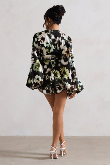 Katsura Black Floral Print Satin Plunge-Neck Playsuit